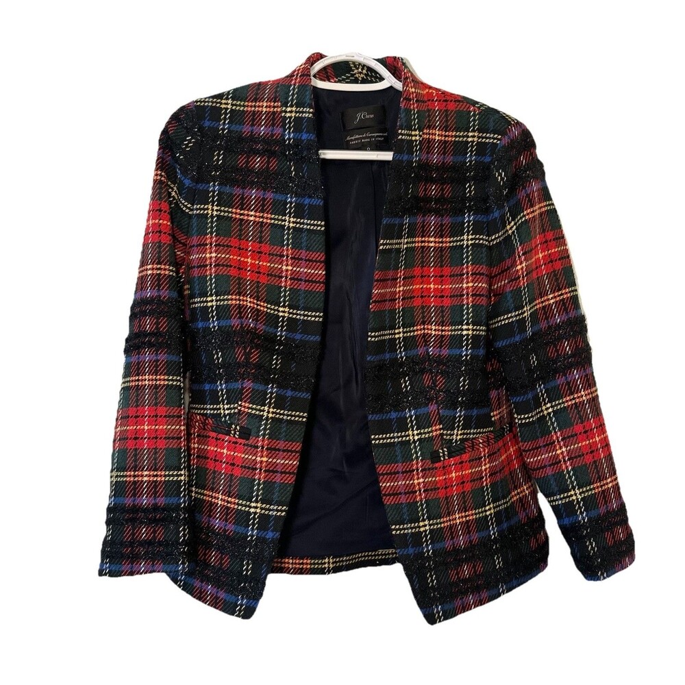 J.Crew Tartan Plaid Tweed Jacket Womens Fringe Italian Fabric Wool Blend Open
